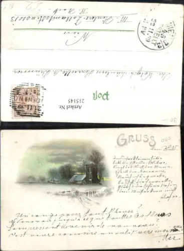 215145,Künstler Litho Kirche Dorf Winter