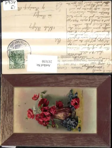 215150,Präge Künstler Ak CK v. Siras Vase m. Blumen Mohn Weintrauben Holzrahmen Passepartout