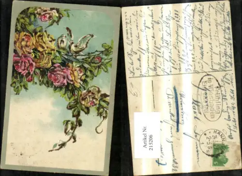 215206,Glitzer Ak Blumen Rosen Tauben