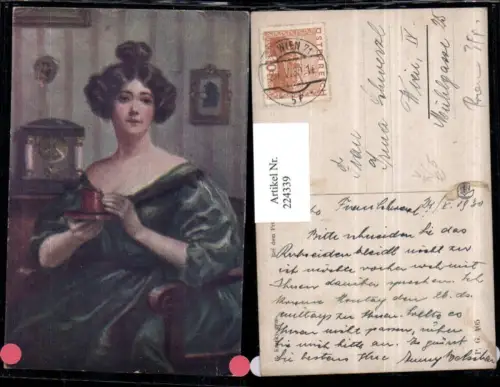 224339,Künstler AK R. Kratky Bei d. Frühstück Frau m. Tasse pub Kilophot