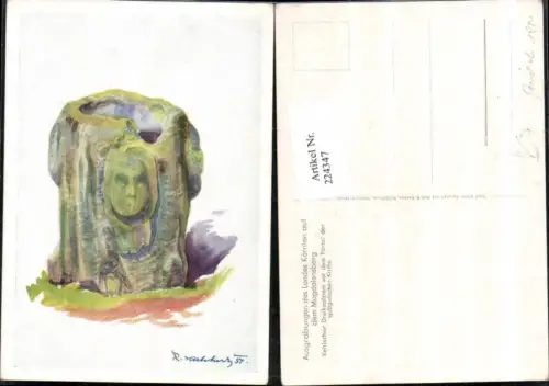 224347,Künstler AK Prof. R. Kalcher Aquarell Keltischer Dreikopfstein v. d. Portal d. Kirche