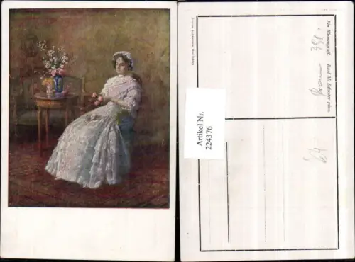 224376,Künstler AK Karl M. Schuster Ein Blumengruß Frau m. Kleid Stuhl Blumen Rosen Vase