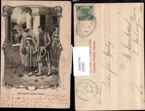 224382,Künstler AK Das Ringlein sprang entzwei Hochzeit Frau m. Schleier Kleid Blumenstrauß