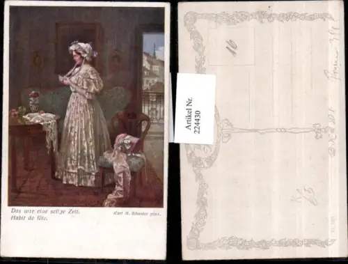 224430,Künstler AK Karl M. Schuster Das war eine selige Zeit Frau m. Kleid Tisch Stuhl Sessel