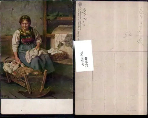 224440,Künstler AK F. v. Defregger Mutterglück Frau Mutter m. Kind Wiege