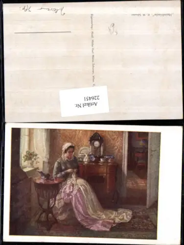 226451,Künstler AK K. M. Schuster Heimfriede Frau b. Sticken Kommode Tisch Tür Uhr