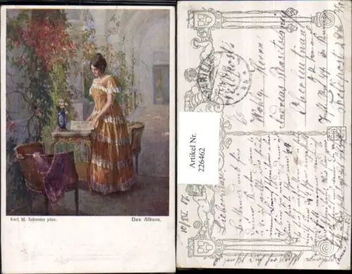 226462,Künstler AK Karl M. Schuster Das Album Frau m. Kleid Sessel Tisch