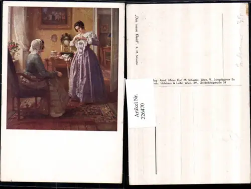 226470,Künstler AK K. M. Schuster Das neue Kleid Frauen Sessel Kommode Uhr