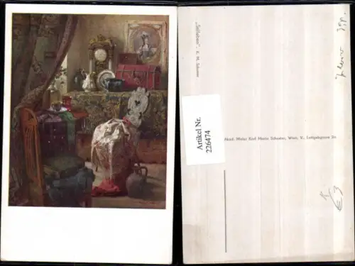 226474,Künstler AK K. M. Schuster Stillleben Zimmer Sessel Kommode Uhr