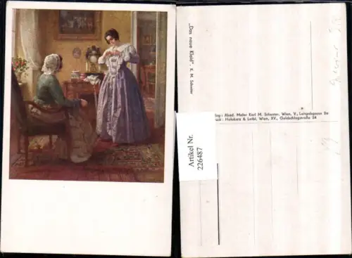 226487,Künstler AK K. M. Schuster Das neue Kleid Frauen Kommode Uhr Sessel