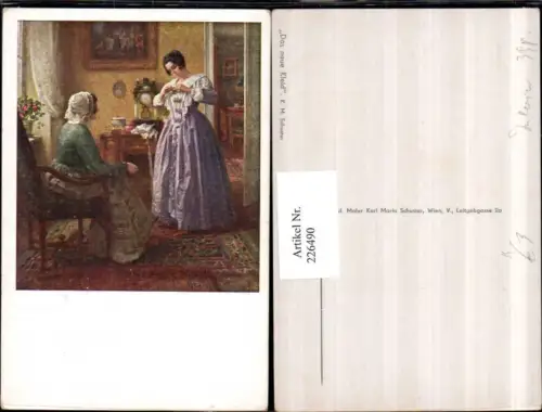 226490,Künstler AK K. M. Schuster Das neue Kleid Frauen Kommode Uhr Sessel