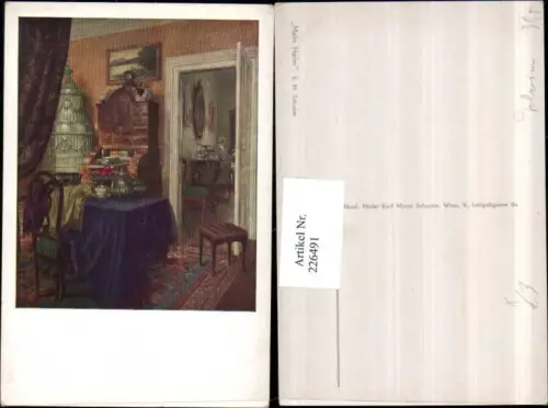 226491,Künstler AK K. M. Schuster Mein Heim Interieur Tisch Kommode Tür Sessel