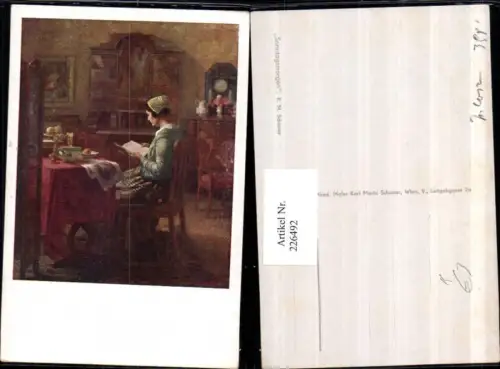 226492,Künstler AK K. M. Schuster Sonntagsmorgen Frau b. Lesen Sessel Kommode Tisch