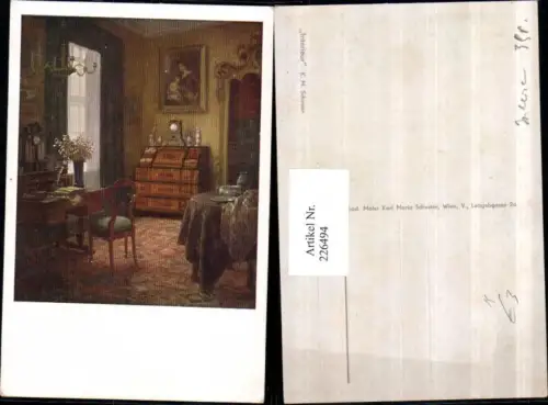 226494,Künstler AK K. M. Schuster Interieur Zimmer Kommode Sessel Tisch Kronleuchter