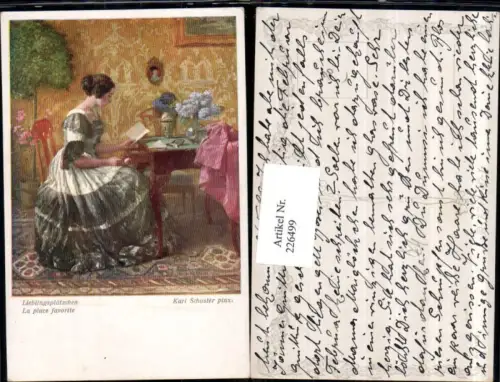 226499,Künstler AK Karl Schuster Lieblingsplätzchen Frau m. Kleid Zettel Tisch Blumen