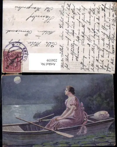 226539,Künstler AK J. Suchanek Maiabend Frau m. Kleid Ruderboot Boot Mondschein