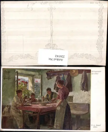 226542,Künstler AK G. A. Hessl Mittagessen Familie b. Essen Tisch Katze