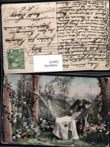 226575,Künstler AK Mann m. Frau Hängematte Blumen