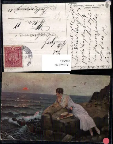 226583,Künstler AK A. Heleng Träumerische Gedanken Frau m. Kleid Hut Bucht Sonnenuntergang Felsen