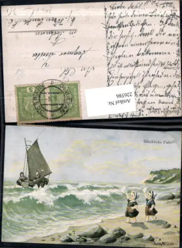 226586,Künstler AK A. d. Hoffmann Glückliche Fahrt Kinder Ufer Segelboot Wellen