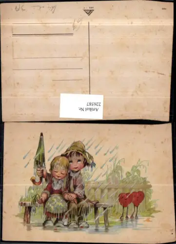 226587,Künstler AK Kinder Hut Schirm Regen Herzen Sitzbank