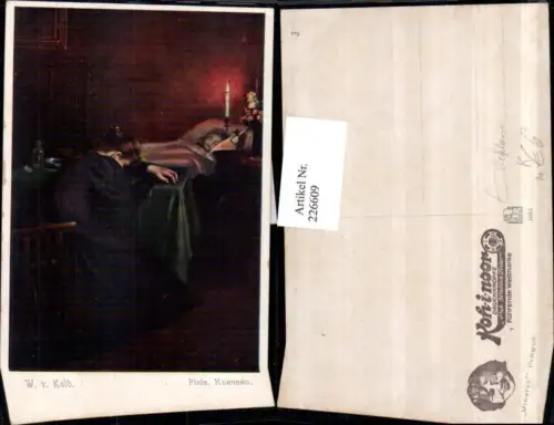 226609,Künstler AK W. Von Kolb Finis Kind Bett Frau Kerze Reklame Druckknöpfe KOH-I-NOOR