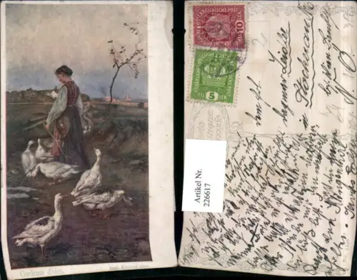 226617,Künstler AK Rud. Konopa Gardeuse doies Frau m. Buch Hut Gänse