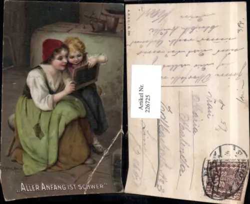 226725,Künstler AK H. Kaulbach Aller Anfang ist schwer Frau m. Mädchen Tafel