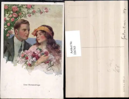 226763,Künstler AK F. Charles Eine Herzensfrage Mann u. Frau Haarband Blumenstrauß Blumen