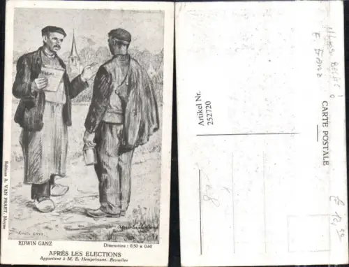 252720,Künstler AK Edwin Ganz Apres les Elections Männer m. Mützen Zeitung Mantel Pantoffeln Kirchenturm