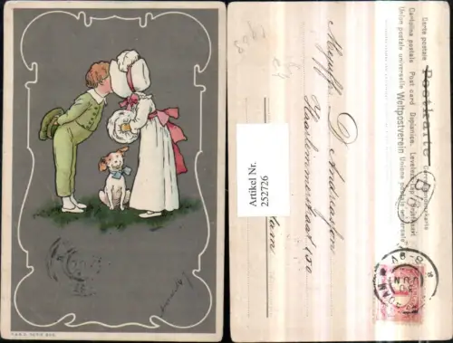 252726,Künstler AK Kinder Kleid Haube Muff Mütze Kuss Hund m. Schleife