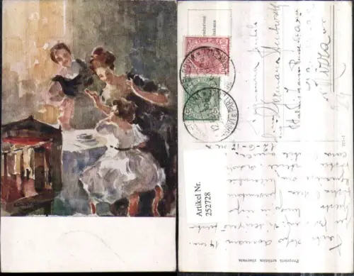 252728,Künstler AK Frauen Kind m. Kleid Tisch Tasse