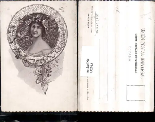 252745,Künstler AK Lamins Frau m. Haarschmuck Blumen Portrait Passepartout Zweige Beeren Vogel Kornblumen