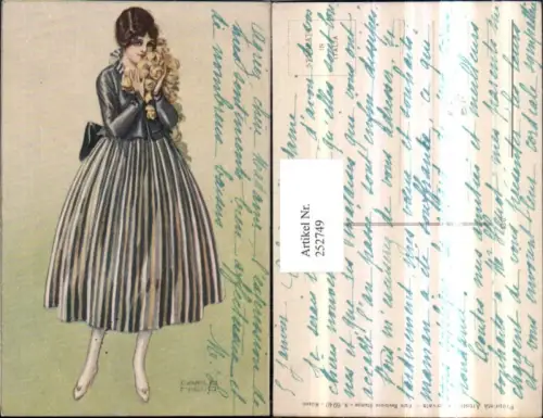 252749,Künstler AK Carlo Nicco Frau m. Kleid gelben Rosen Ganzkörperportrait