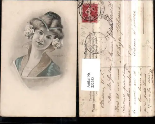 252752,Künstler AK W. Braun Frau m. Kopfschmuck Rosen Portrait