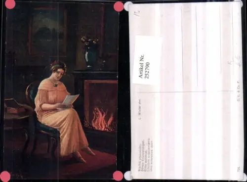 252790,Künstler AK L. Winter Süße Erinnerungen Frau m. Kleid Stuhl Sessel Kamin Feuer Briefe Schatulle