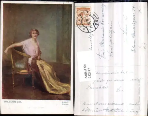 252817,Künstler AK Rob. Schiff Bildnis Frau m. Kleid Kette Suhl Sessel Portrait
