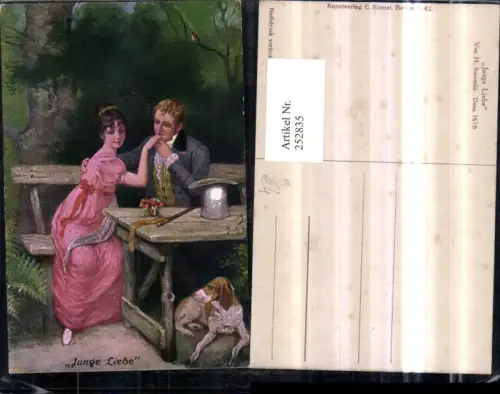 252835,Künstler AK H. Susemihl Junge Liebe Mann u. Frau Holztisch Holzbank Hut Blumenstrauß Hund