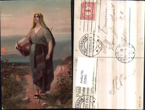 252841,Künstler AK Frau m. Kopftuch Kleid Sandalen Krug Wegpartie pub N. K. G. 1208