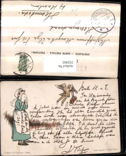 252902,Künstler AK Frau weint Tuch Kopftuch Mann m. Flügel Koffer pub Fotolithografie F. Gräfe