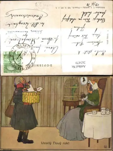 263479,Künstler Ak F. J. Jedlicky Briefträger Postbote Frau Kaffeetisch Vogelkäfig