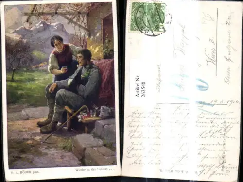 263548,Künstler Ak R. A. Höger Wieder in der Heimat Verwundeter Soldat Frau v. Haus