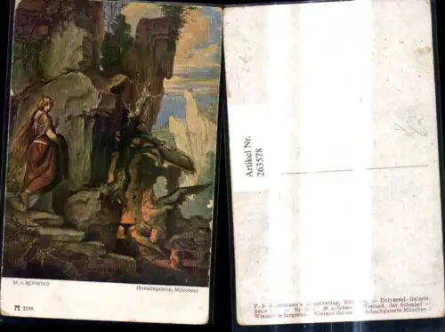 263578,Künstler Ak M. v. Schwind Wieland der Schmied Frau Engel v. Höhle Felsen pub F. A. Ackermann 213euro2168
