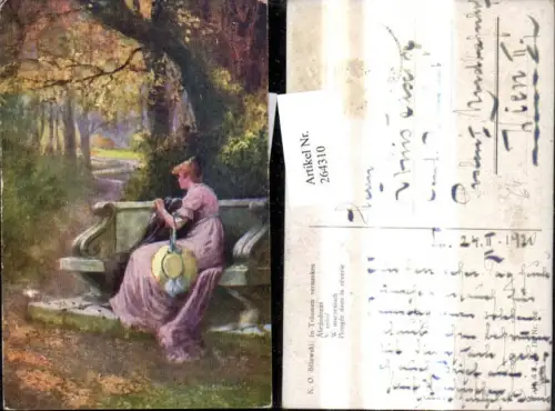 264310,Künstler Ak K. O. Belawski In Träumen versunken Frau sitzt a. Steinbank Park Landschaft