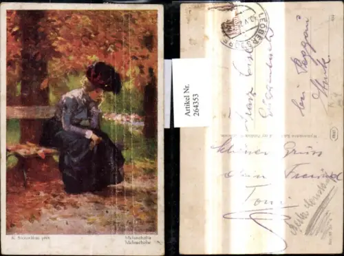 264353,Künstler Ak K . Szczawinski Melancholia Frau a. Bank Herbststimmung Park Bäume
