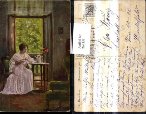 264355,Künstler Ak H. Hermanns Sommermorgen Frau a. Kaffeetisch v. Fenster