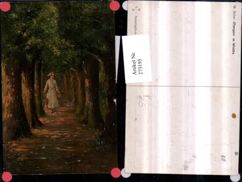 273195,Künstler AK W. Holm Ölgemälde Morgen am Walde Frau m. Kleid Hut Schirm Wegpartie