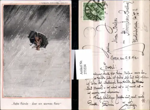 273224,Künstler AK W. Heath Robinson Kalte Hände aber ein warmes Herz Engel m. Schirm Schneesturm Winterbild