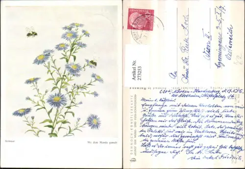 273253,Künstler AK R. De Vos Mundgemalt Sommer Blaue Astern Blumen Bienen