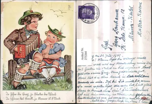273264,Künstler AK T. v. B. Junge u. Mädchen m. Hut Kleid Ziehharmonika Text pub Max Hirmer München